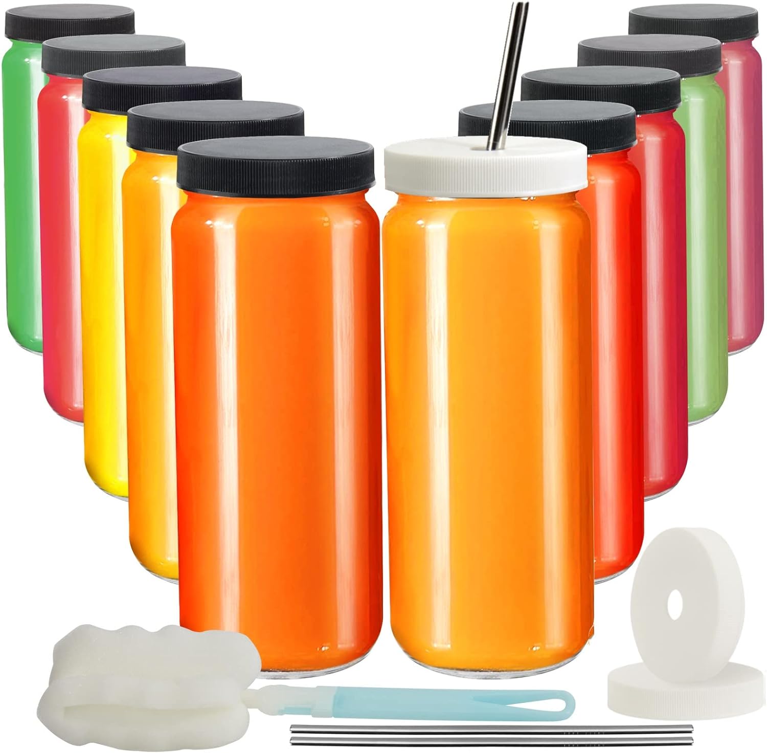 230527220104992_1 16oz 8 Pack Drinking Glasses with Bamboo Lids and Straw, RUCKAE Beer Can Glass Cups,Iced Coffee Cup,Glass Tumbler with Straw and Lid, Can Shaped Glass Cups for Beer,Smoothies,Cocktail,Whiskey - Image 1